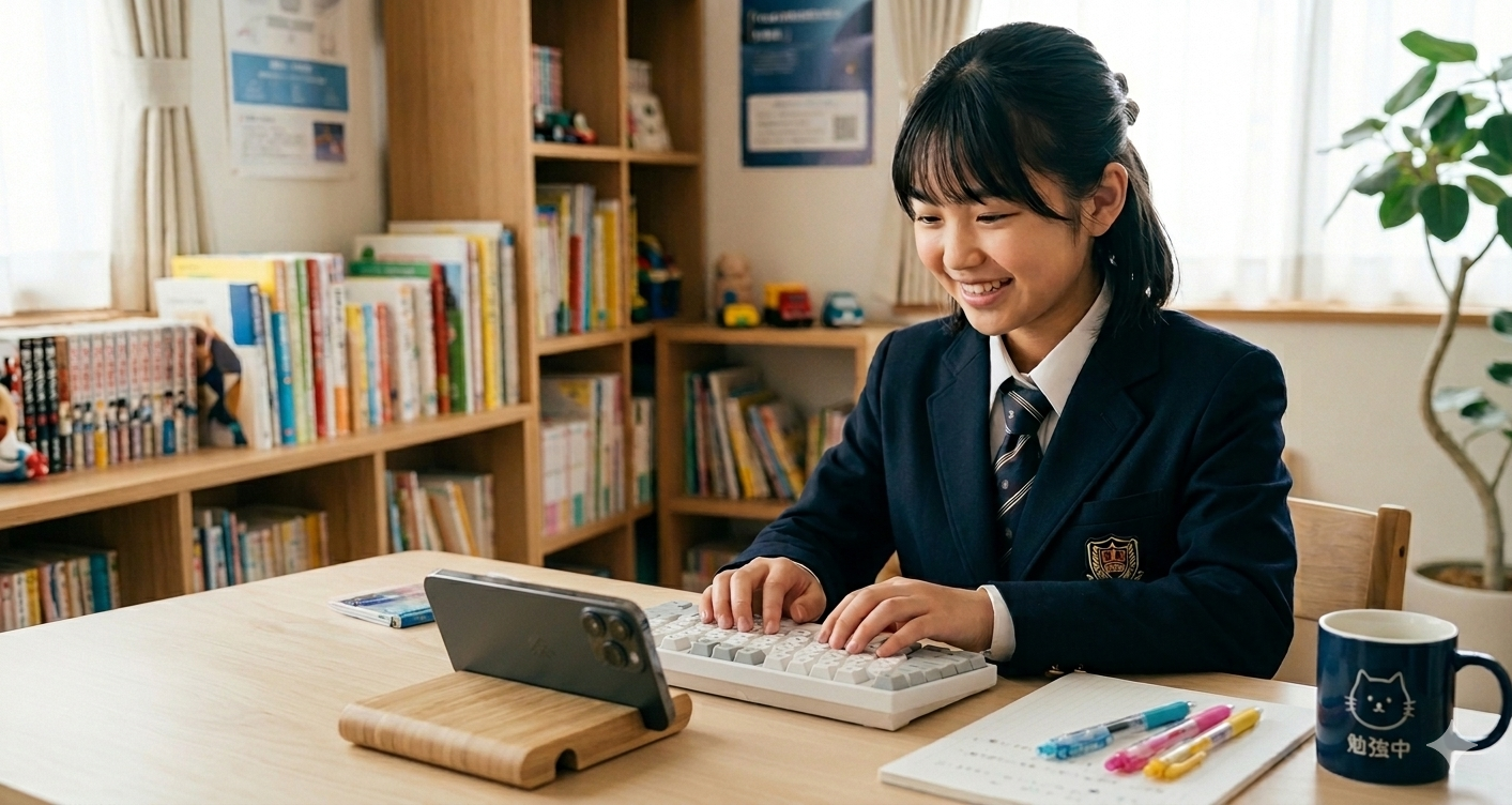 タブレットと外付けキーボードで学習する中学生